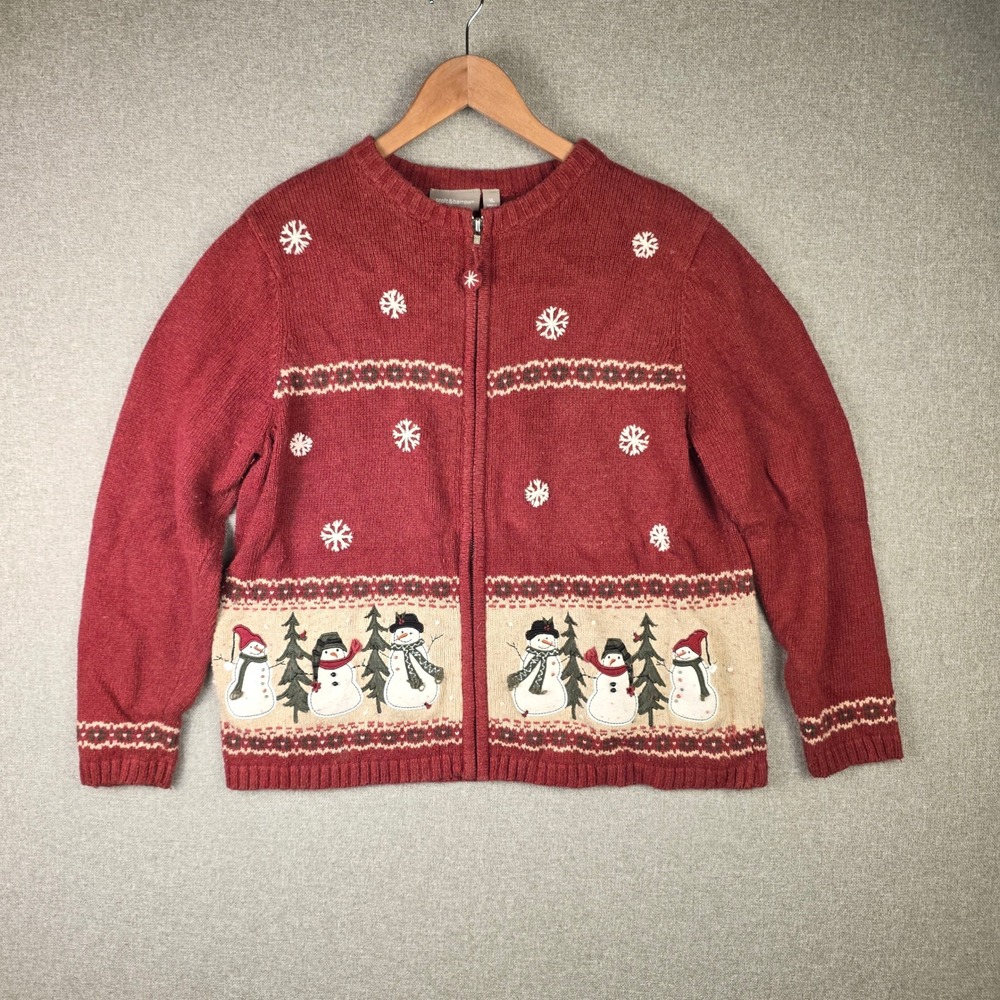 Snowman Snowflake Christmas Grannycore Cardigan Sweater Red Womens XL Zip